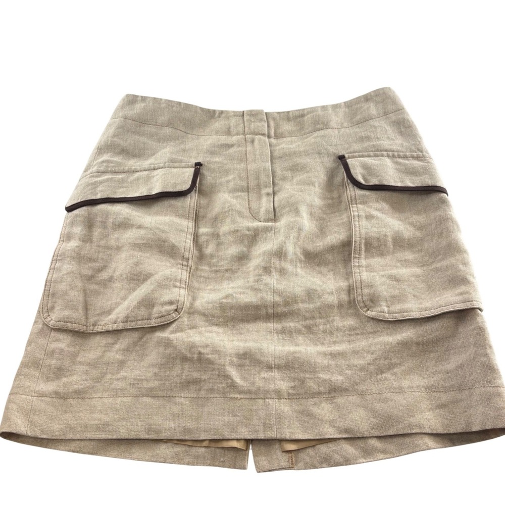 Ann Taylor LOFT Beige 100% Linen Utility Mini Skirt Brown Piping Cargo Pockets 6